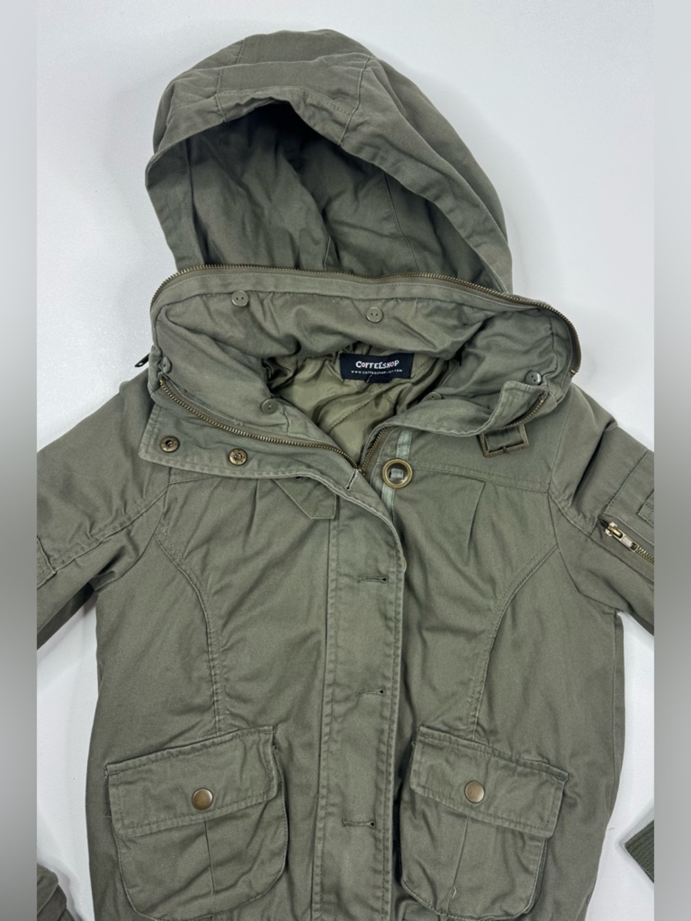 CoffeeShop Vintage Wash Utility Crop Bomber Roll Hood Jacket Womens XS - Picture 4 of 13